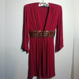 Vtg Y2K Boho Babydoll Sky Mini Dress Top Leather Belt XS Maroon Burgundy Excelle